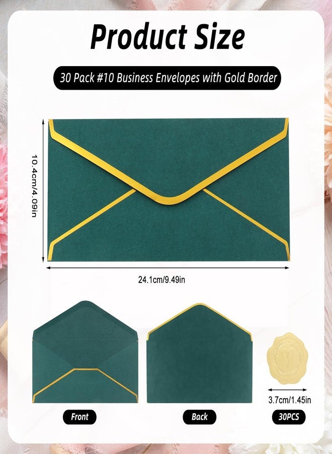 ARPOVIST 30 Pack #10 Business Envelopes with Gold Border V-Flap and 30 Pcs Stickers, 4 1/8 x 9 1/2 Inches Dark Green Self Seal Standard Envelopes for Office Letters Checks Invoices Invitation Wedding - Image 2