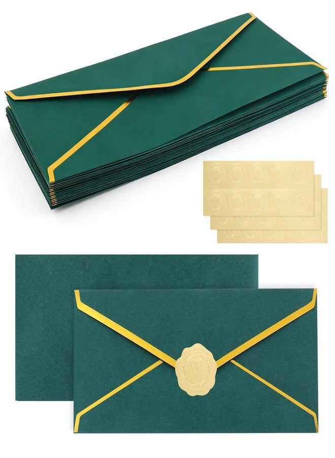ARPOVIST 30 Pack #10 Business Envelopes with Gold Border V-Flap and 30 Pcs Stickers, 4 1/8 x 9 1/2 Inches Dark Green Self Seal Standard Envelopes for Office Letters Checks Invoices Invitation Wedding - Image 1