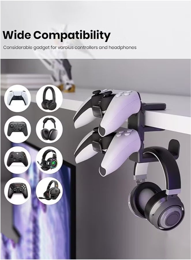 3-in-1 PC Gaming Headset and Controller Holder, Headphone Stand with 360° Rotation Non-Slip Clamp  2 Controller Holders, Universal Gaming Accessories Organizer for Controllers, Headphones and Cables - Image 2