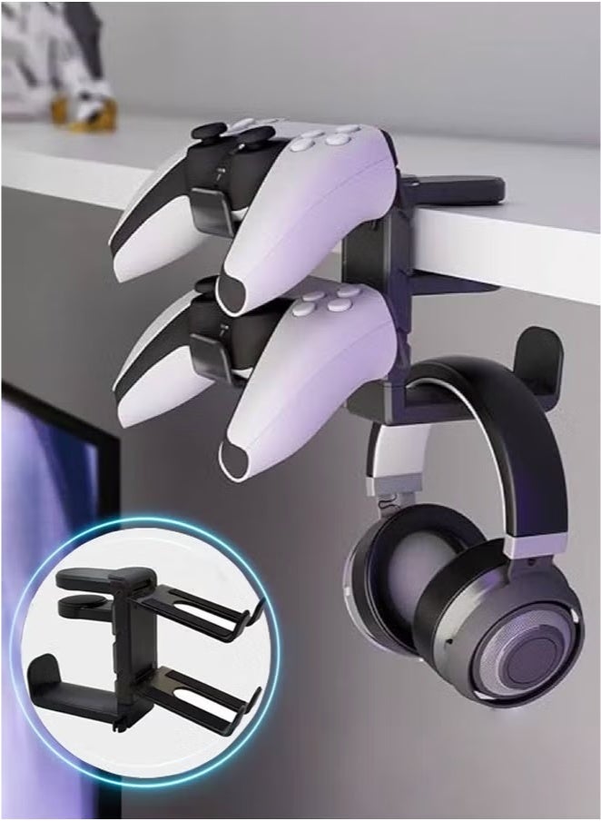 3-in-1 PC Gaming Headset and Controller Holder, Headphone Stand with 360° Rotation Non-Slip Clamp  2 Controller Holders, Universal Gaming Accessories Organizer for Controllers, Headphones and Cables - Image 1