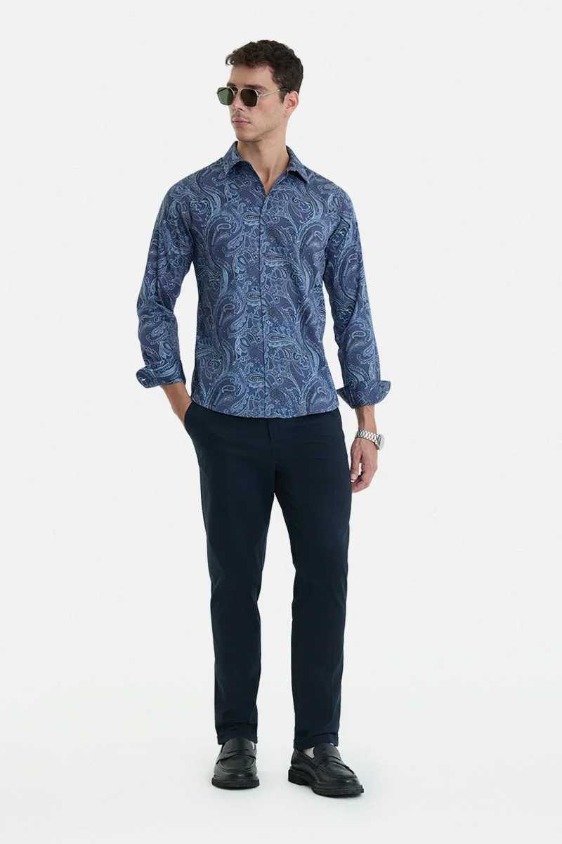 SNITCH Navy Blue Paisley Long Sleeve Slim Fit Casual Shirt