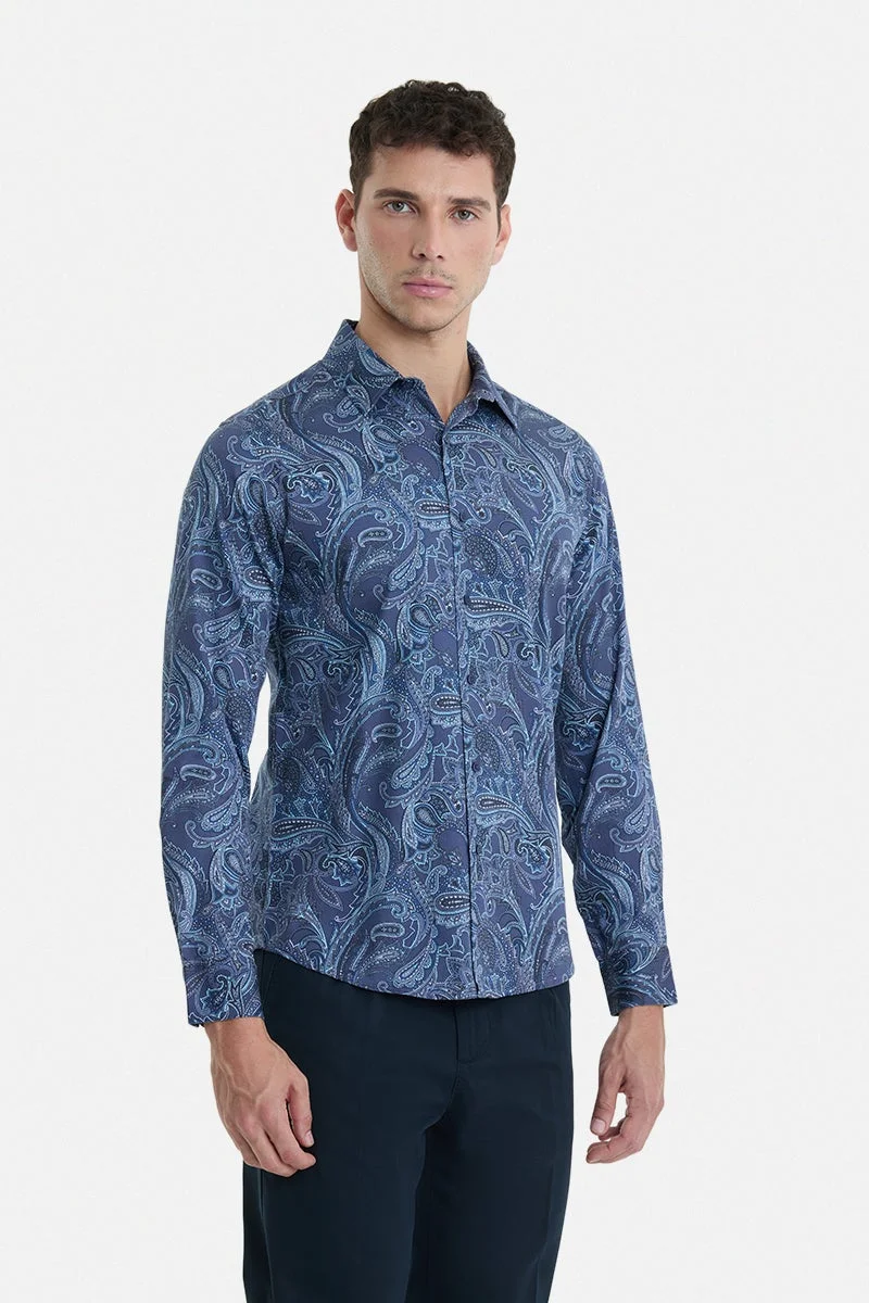 SNITCH Navy Blue Paisley Long Sleeve Slim Fit Casual Shirt