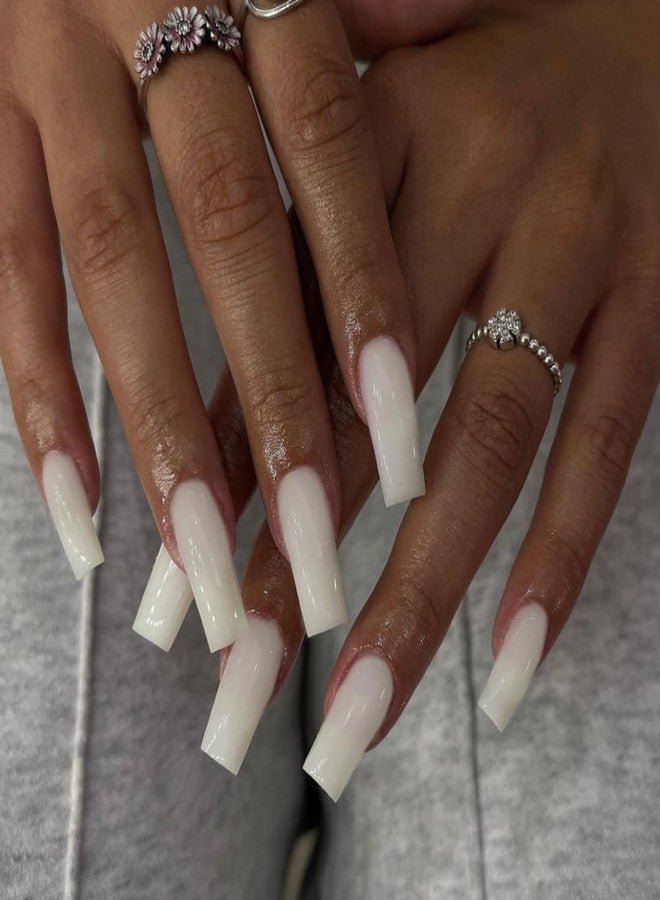 KXAMELIE Ivory White Medium Coffin Nails - Press On, Glue On, Reusable 24 Long Fake Nails - Solid Color, Thick, Natural Look - Image 3