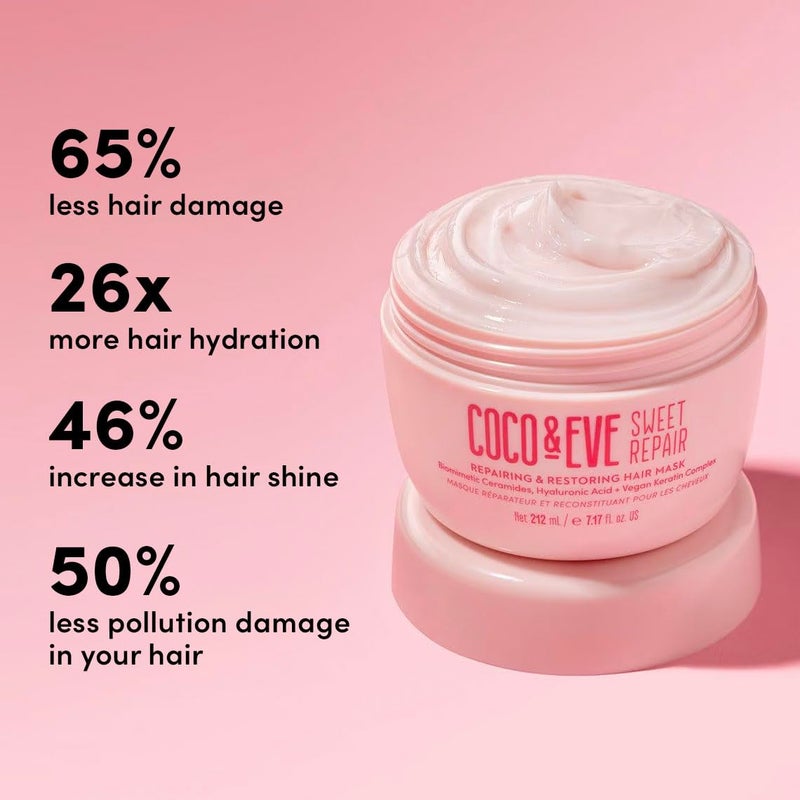 Coco & Eve Sweet Repair Repairing and Restoring Hair Mask. 85% stronger hair, reduce hair damage by 65%. Biomimetic Ceramides, Hyaluronic Acid, Vegan Keratin. Increase Hydration & Shine. - Image 3