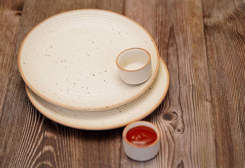Freakway Handcrafted Ceramic Dinner Plates with Dip Bowl Set of 4 Pieces 2 Dinner Plates 10 Dia with 2 Chutney Dip Bowls Dishwasher Microwave Safe Off White - Image 1