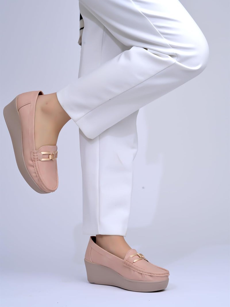 Shoetopia Women's Peach Wedge Loafers – Comfortable Slip-On with Cushioned Insole & Gold Metal Bit Detailing Fashionable Lace-Up Trainers for Everyday Streetwear, Travel EU39 - Image 3
