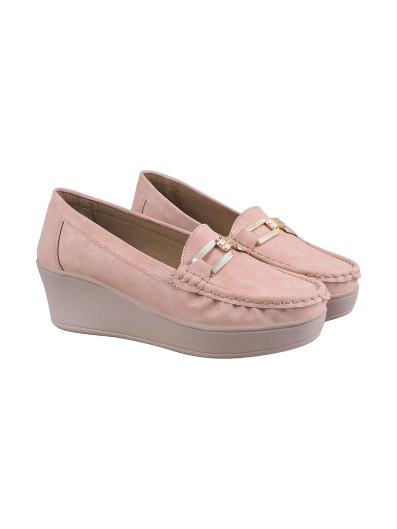 Shoetopia Women's Peach Wedge Loafers – Comfortable Slip-On with Cushioned Insole & Gold Metal Bit Detailing Fashionable Lace-Up Trainers for Everyday Streetwear, Travel EU39 - Image 1