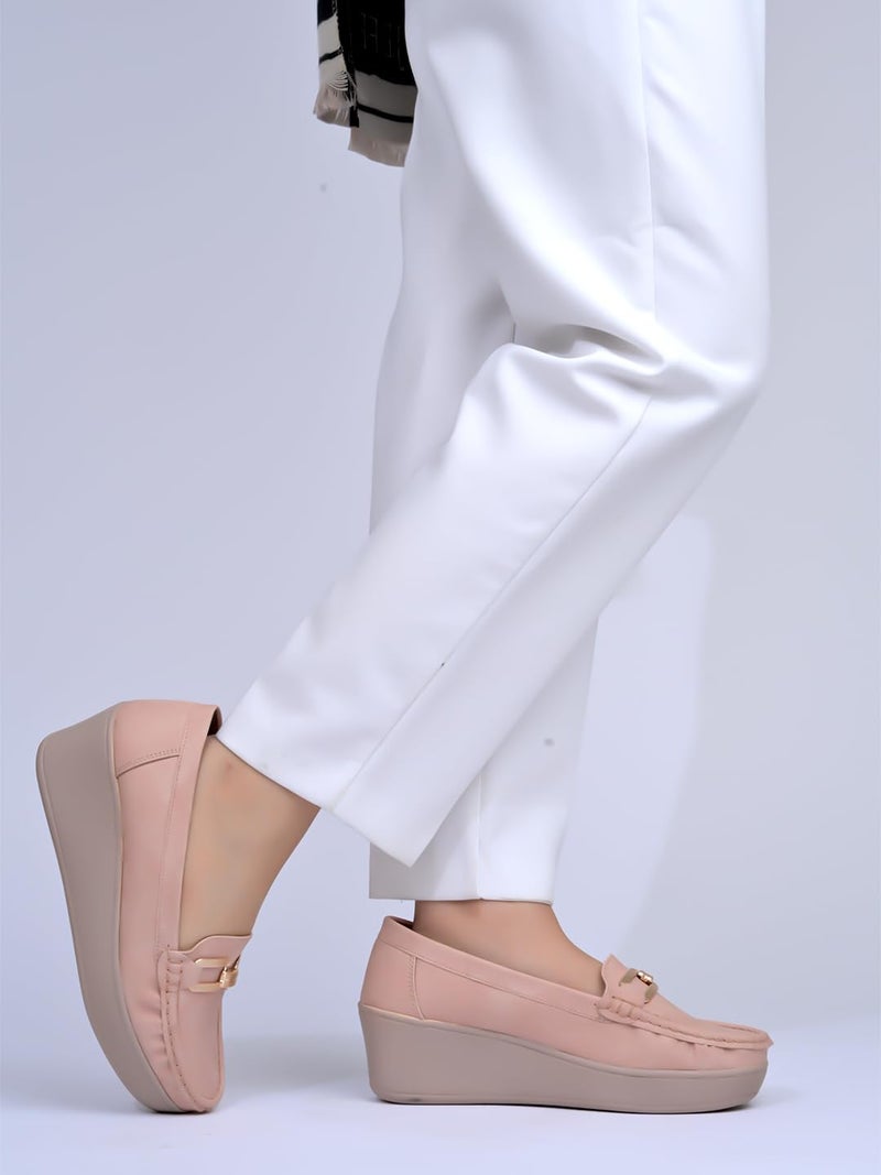 Shoetopia Women's Peach Wedge Loafers – Comfortable Slip-On with Cushioned Insole & Gold Metal Bit Detailing Fashionable Lace-Up Trainers for Everyday Streetwear, Travel EU39 - Image 2
