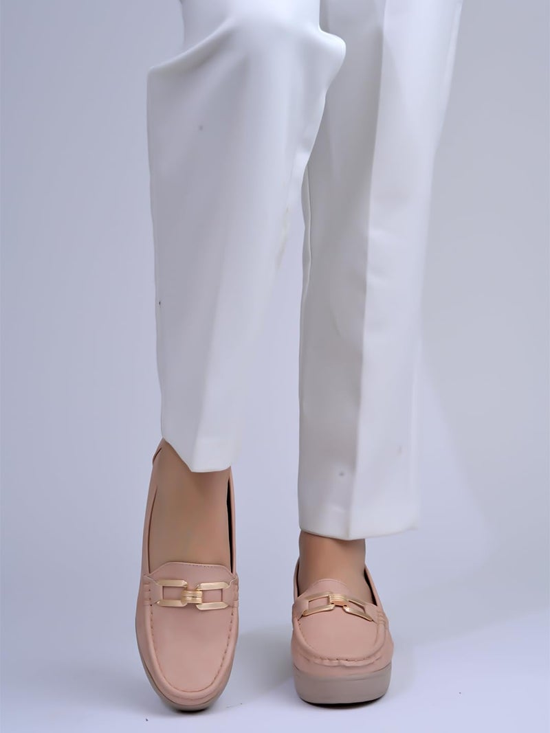 Shoetopia Women's Peach Wedge Loafers – Comfortable Slip-On with Cushioned Insole & Gold Metal Bit Detailing Fashionable Lace-Up Trainers for Everyday Streetwear, Travel EU39 - Image 4