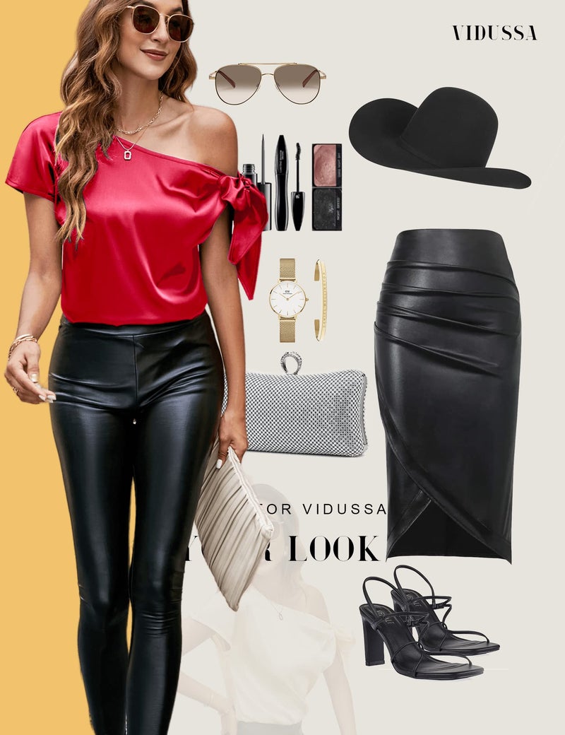 VIDUSSA Women's Off Shoulder Silk Tops Casual Short Sleeve Asymmetrical Neck Satin Blouse Shirts Red 3XL - Image 2