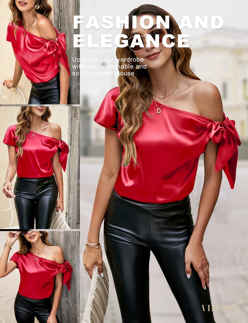 VIDUSSA Women's Off Shoulder Silk Tops Casual Short Sleeve Asymmetrical Neck Satin Blouse Shirts Red 3XL - Image 4
