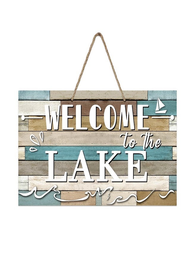 Bolisom Welcome to The Lake Front Door Sign, Farmhouse Lake House Wood Hanger Outdoor Outside Porch Home Decor, Rustic Nautical Boat Wooden Wreath Indoor Wall Hanging Decoration - Image 1