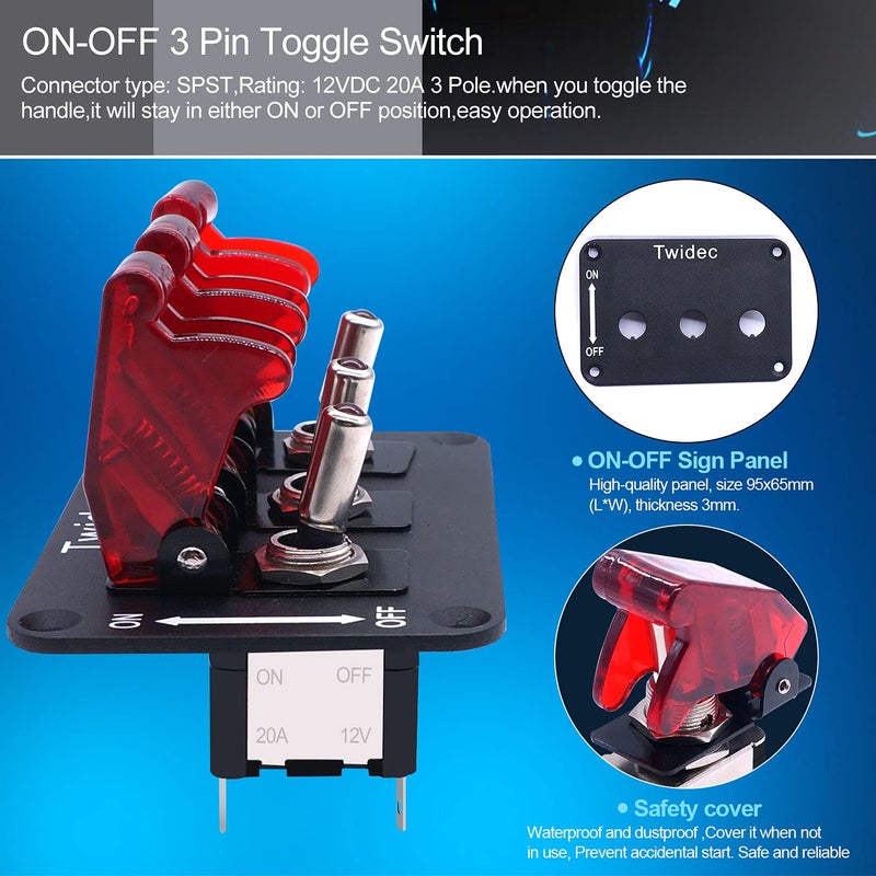 Twidec 3 Gang Rocker Toggle Switch Panel with LED Light - Image 3