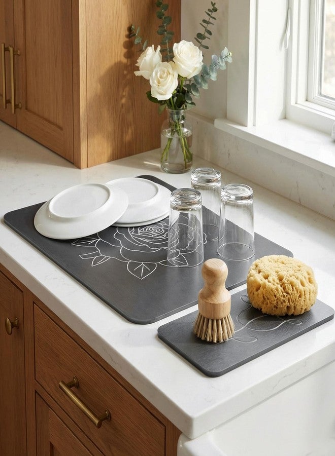 Linidcoud Stone Dish Drying Mat for Kitchen Counter, Glittery Resin Rose Pattern Quick Drying Mat, Water Absorbing Diatomaceous Pad for Plate Bottle Utensil Rack,Space Saving (Silver & Grey 16"×12" & 8"×4") - Image 2