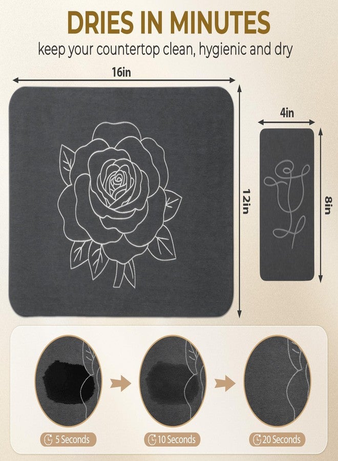 Linidcoud Stone Dish Drying Mat for Kitchen Counter, Glittery Resin Rose Pattern Quick Drying Mat, Water Absorbing Diatomaceous Pad for Plate Bottle Utensil Rack,Space Saving (Silver & Grey 16"×12" & 8"×4") - Image 3