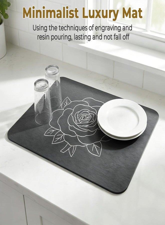 Linidcoud Stone Dish Drying Mat for Kitchen Counter, Glittery Resin Rose Pattern Quick Drying Mat, Water Absorbing Diatomaceous Pad for Plate Bottle Utensil Rack,Space Saving (Silver & Grey 16"×12" & 8"×4") - Image 4