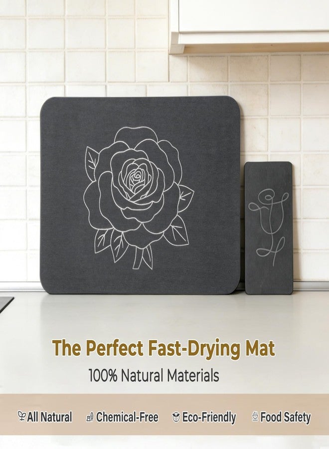 Linidcoud Stone Dish Drying Mat for Kitchen Counter, Glittery Resin Rose Pattern Quick Drying Mat, Water Absorbing Diatomaceous Pad for Plate Bottle Utensil Rack,Space Saving (Silver & Grey 16"×12" & 8"×4") - Image 5