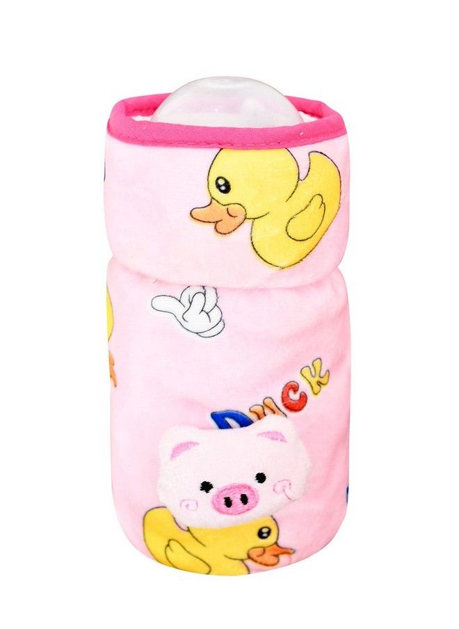 The Little Lookers Soft Plush Stretchable Baby Feeding Bottle Cover With Easy To Hold Strap ; Cute Animated Overall Print Pack Of 2 (Pink & Blue Wide Neck 240330Ml)  - Image 3