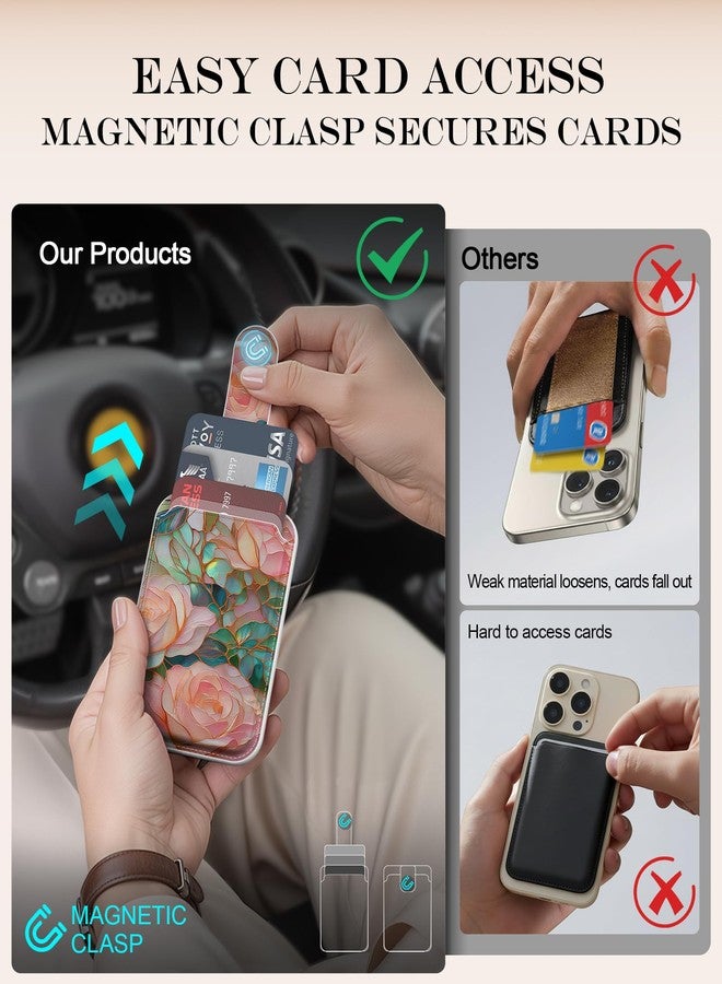 DEENAKIN for MagSafe Wallet,3 Card Holder With RFID Blocking, Slim Magnetic Wallet for iPhone 17/16/15/14/13/12/11 Series with Cute Trendy Floral Designs for Women/Girls, Blooming Pink Rose - Image 2