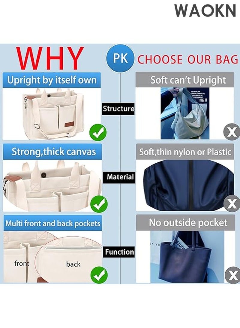 WAOKN Large Canvas Tote Bag for Women with Multiple Compartments - Spacious Work Laptop Bag - Stylish Crossbody Purse & Book Bag - Water-Resistant Satchel Handbag for Office/Travel/School (White) - Image 2