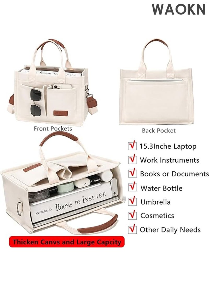 WAOKN Large Canvas Tote Bag for Women with Multiple Compartments - Spacious Work Laptop Bag - Stylish Crossbody Purse & Book Bag - Water-Resistant Satchel Handbag for Office/Travel/School (White) - Image 5