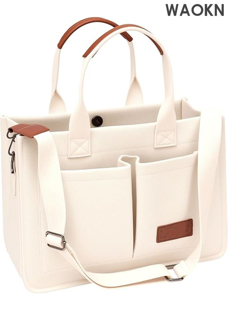 WAOKN Large Canvas Tote Bag for Women with Multiple Compartments - Spacious Work Laptop Bag - Stylish Crossbody Purse & Book Bag - Water-Resistant Satchel Handbag for Office/Travel/School (White) - Image 1