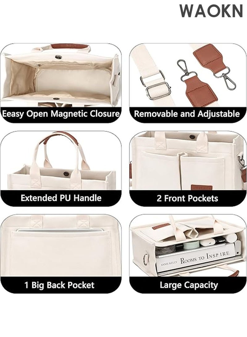 WAOKN Large Canvas Tote Bag for Women with Multiple Compartments - Spacious Work Laptop Bag - Stylish Crossbody Purse & Book Bag - Water-Resistant Satchel Handbag for Office/Travel/School (White) - Image 4