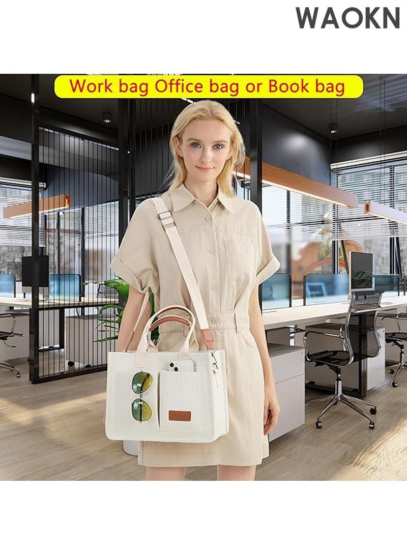 WAOKN Large Canvas Tote Bag for Women with Multiple Compartments - Spacious Work Laptop Bag - Stylish Crossbody Purse & Book Bag - Water-Resistant Satchel Handbag for Office/Travel/School (White) - Image 3