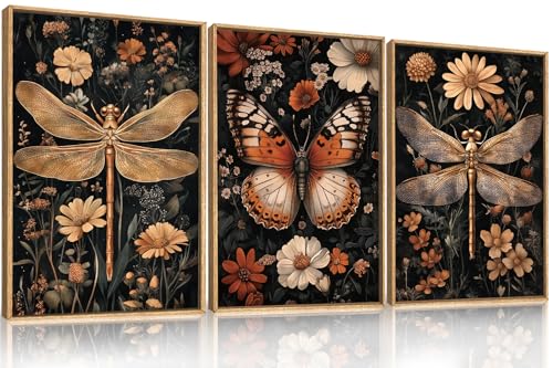 Aryroi Large Vintage Butterfly Dragonfly Framed Canvas Wall Art Set,Retro Dark Academia Animal Floral Botanical Wall Decor,Moody Insect Wildflower Artwork for Living Room,Bedroom,Farmhouse-16 x24 x3 - Image 5