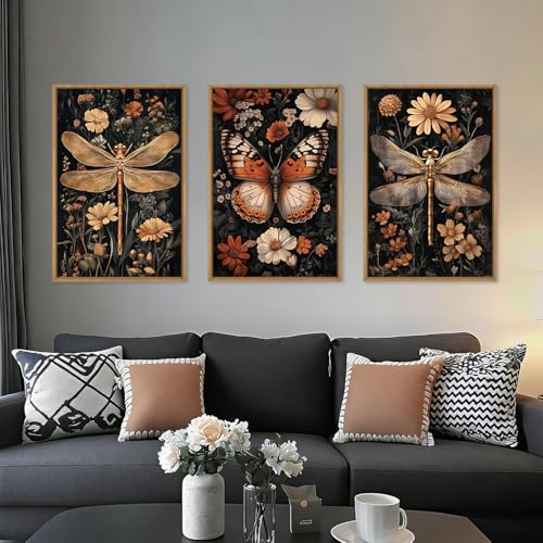 Aryroi Large Vintage Butterfly Dragonfly Framed Canvas Wall Art Set,Retro Dark Academia Animal Floral Botanical Wall Decor,Moody Insect Wildflower Artwork for Living Room,Bedroom,Farmhouse-16 x24 x3 - Image 1