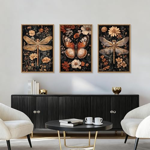 Aryroi Large Vintage Butterfly Dragonfly Framed Canvas Wall Art Set,Retro Dark Academia Animal Floral Botanical Wall Decor,Moody Insect Wildflower Artwork for Living Room,Bedroom,Farmhouse-16 x24 x3 - Image 4