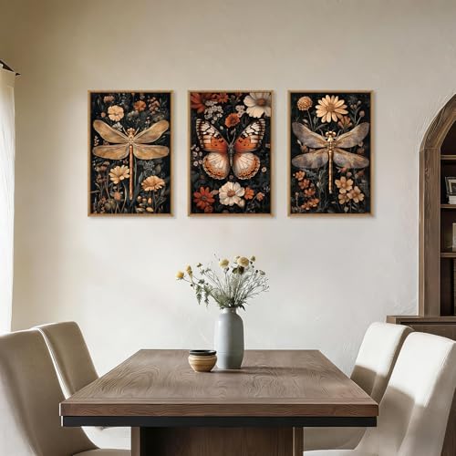 Aryroi Large Vintage Butterfly Dragonfly Framed Canvas Wall Art Set,Retro Dark Academia Animal Floral Botanical Wall Decor,Moody Insect Wildflower Artwork for Living Room,Bedroom,Farmhouse-16 x24 x3 - Image 3