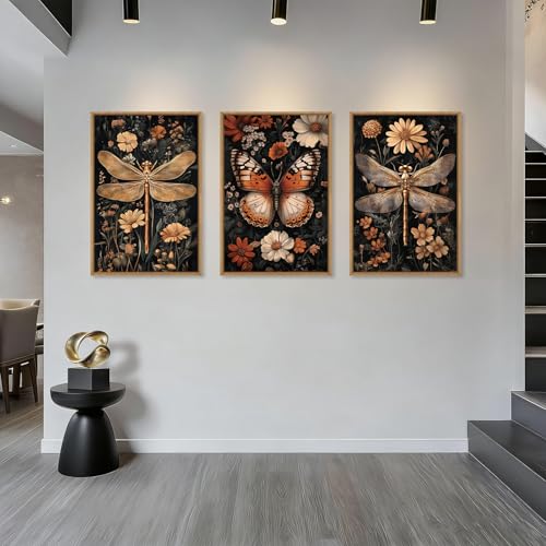 Aryroi Large Vintage Butterfly Dragonfly Framed Canvas Wall Art Set,Retro Dark Academia Animal Floral Botanical Wall Decor,Moody Insect Wildflower Artwork for Living Room,Bedroom,Farmhouse-16 x24 x3 - Image 2