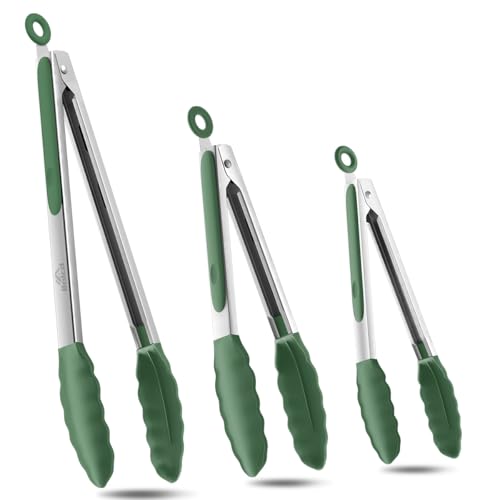 Bnlcd 600ºF Heat Resistant Kitchen Tongs, Premium Locking Cooking Tongs with Silicone Tips, Non-Slip Food Tongs for Cooking, Non-Stick, Heavy Duty Stainless Steel Handle, Set of 3-7" 9" and 12" Turquoise - Image 1