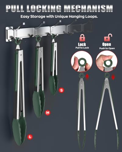 Bnlcd 600ºF Heat Resistant Kitchen Tongs, Premium Locking Cooking Tongs with Silicone Tips, Non-Slip Food Tongs for Cooking, Non-Stick, Heavy Duty Stainless Steel Handle, Set of 3-7" 9" and 12" Turquoise - Image 4