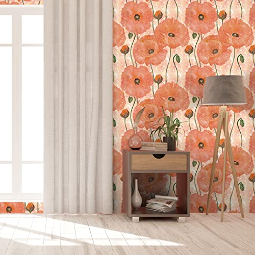 VaryStyle 17.7"x118" Poppy Floral Wallpaper Orange Floral Peel and Stick Wallpaper Blooming Flower Wall Mural Decorative Contact Paper Removable Self Adhesive Wallpaper for Bedroom Bathroom Furniture - Image 2