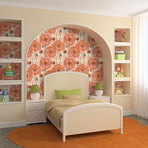 VaryStyle 17.7"x118" Poppy Floral Wallpaper Orange Floral Peel and Stick Wallpaper Blooming Flower Wall Mural Decorative Contact Paper Removable Self Adhesive Wallpaper for Bedroom Bathroom Furniture - Image 3