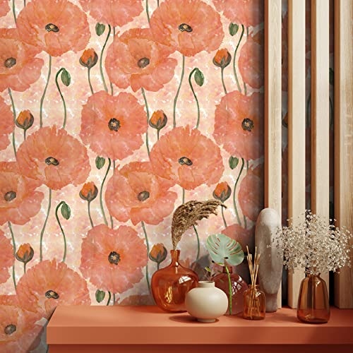 VaryStyle 17.7"x118" Poppy Floral Wallpaper Orange Floral Peel and Stick Wallpaper Blooming Flower Wall Mural Decorative Contact Paper Removable Self Adhesive Wallpaper for Bedroom Bathroom Furniture - Image 4
