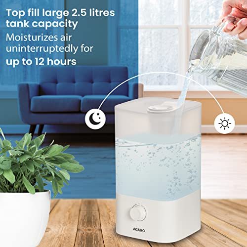 AGARO Breeze Cool Mist Ultrasonic Humidifier, Aroma Diffuser Support Essential Oil, 2.5 Litres, Top Fill, For Bedroom, Home, Office, Adjustable Mist Output, Super Quiet, Auto Shut Off (White) - Image 4