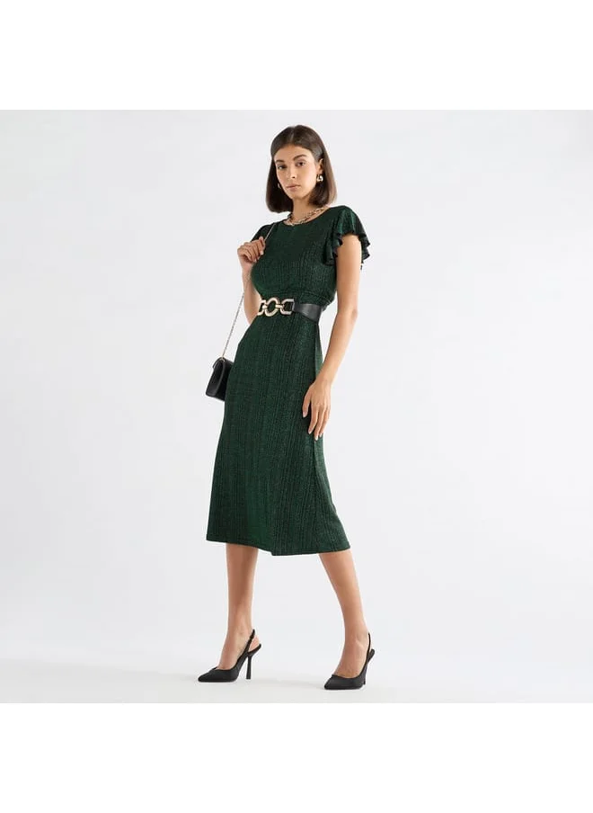 FAV Textured Midi Dress with Flutter Sleeves and Tie-Up Belt