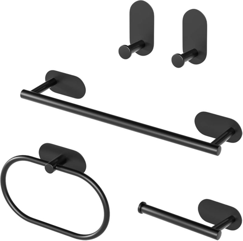 حامل مناشف أسود يُثبت على الحائط، حامل لفافة ورق التواليت، حامل مناشف يدوي للحمامات والمطابخ، رف مناشف من الفولاذ المقاوم للصدأ، خطافات ذاتية اللصق - طقم ملحقات حمام من 5 قطع، لا يحتاج إلى حفر