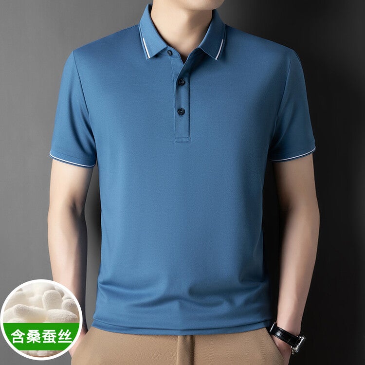 Men's Short Sleeve Silk Blend Polo Shirt Lightweight Casual Top - Image 2