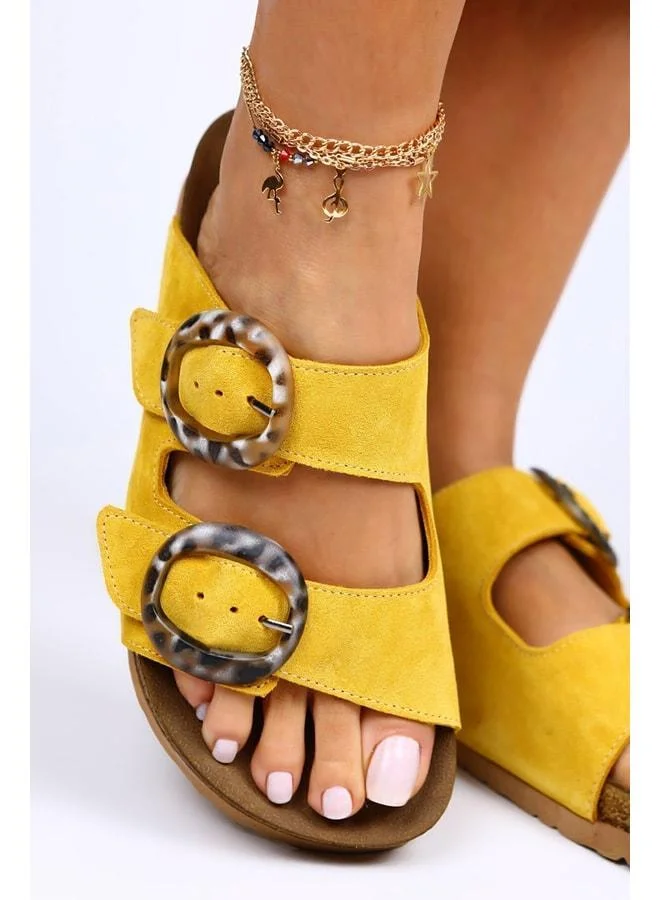 Manijero  Drina Genuine Leather Double Buckle Yellow Slippers - Yellow for Women | Best Price UAE