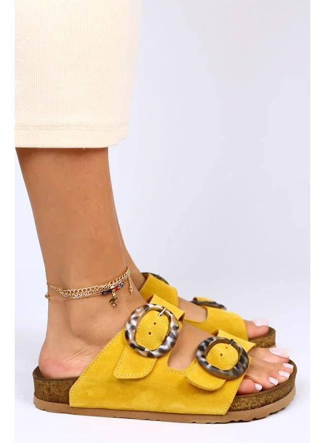 Manijero  Drina Genuine Leather Double Buckle Yellow Slippers - Yellow for Women | Best Price UAE