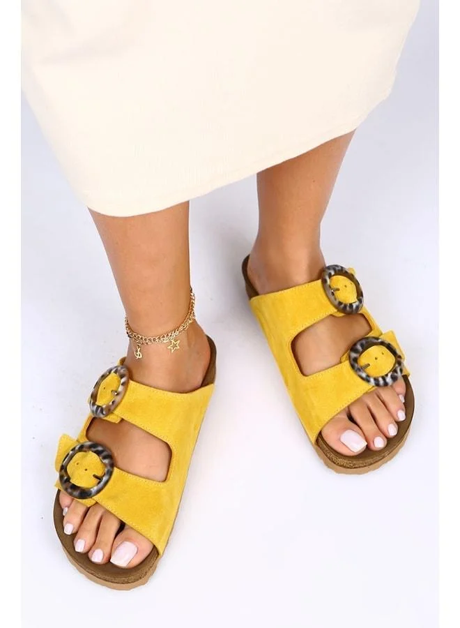 Drina Genuine Leather Double Buckle Yellow Slippers - Yellow