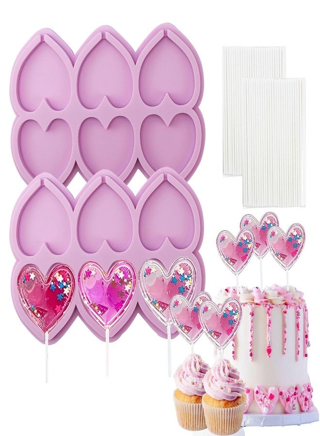 Furimuk Heart Lollipop Mold,6 Holes Silicone Chocolate Sucker Lolly Mold,2 Pcs Lollipop Candy Molds with 40 Sticks for Valentine's Day Mother's Birthday Wedding Party Dessert Cake Decoration Supplies - Image 1
