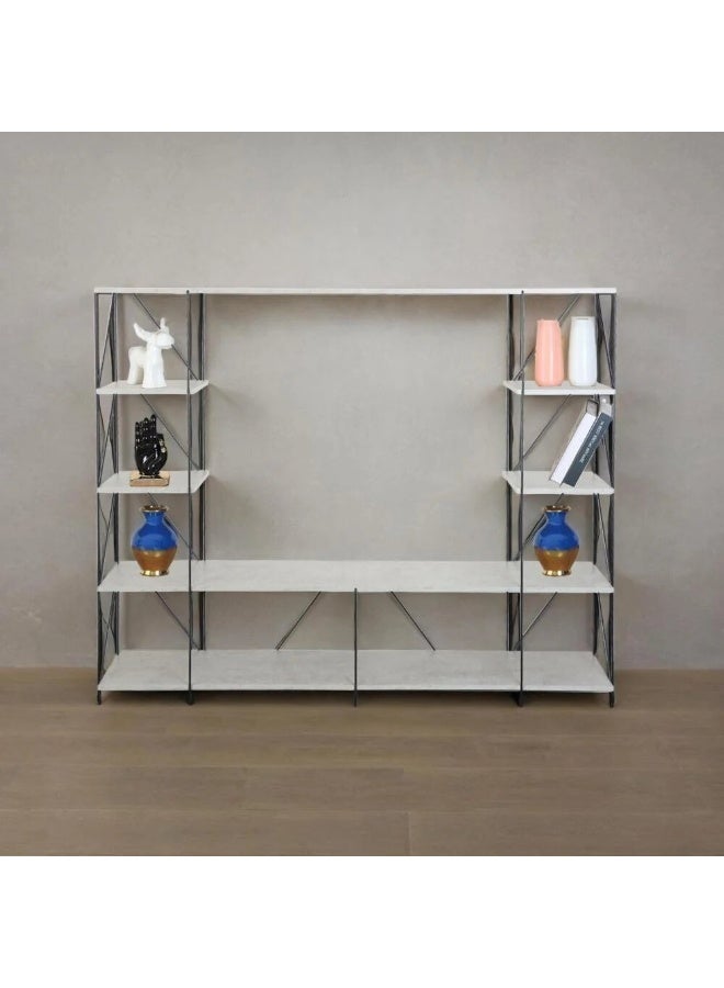 بيتي وحدة تلفزيون خشبية 4 ادوار مقاس 160 سم بتصميم مفتوح مع ارفف خشب ماليزي وقاعدة معدن لون رمادي - Image 1