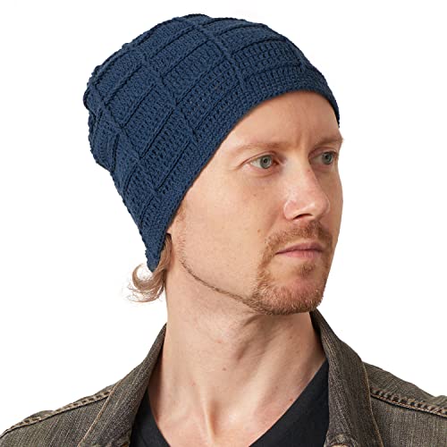 CHARM Mens Summer Beanie Cotton - Womens Crochet Slouch Cap Hand Made Chemo Hat Blue - Image 1
