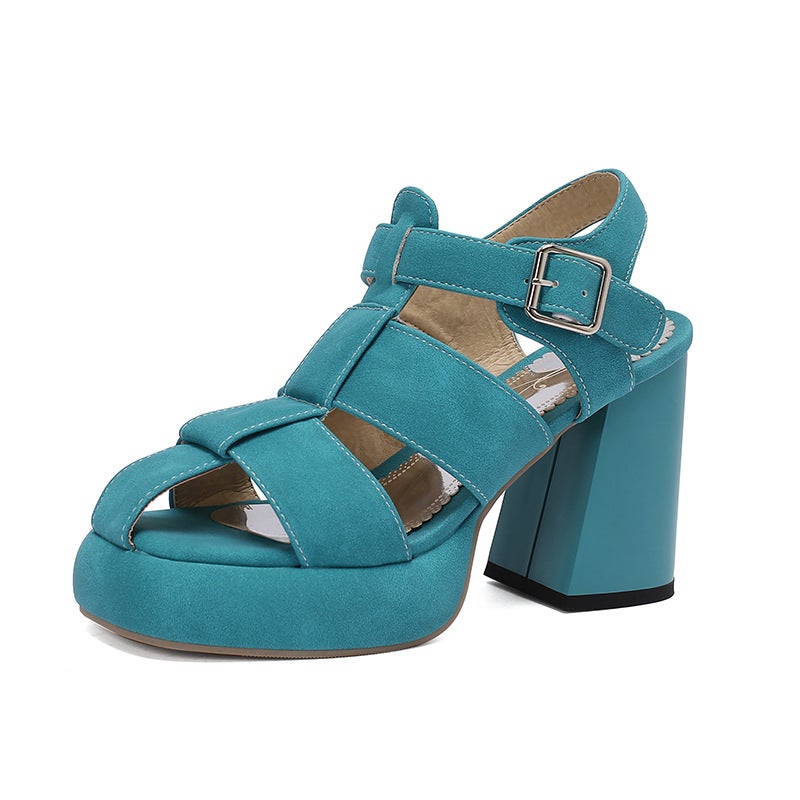 In 2024 Summer High-Heeled Thick-Soled Round Head 40-43 Plus Size Open-Toe Breathable Buckle Sandals For Women - Image 1