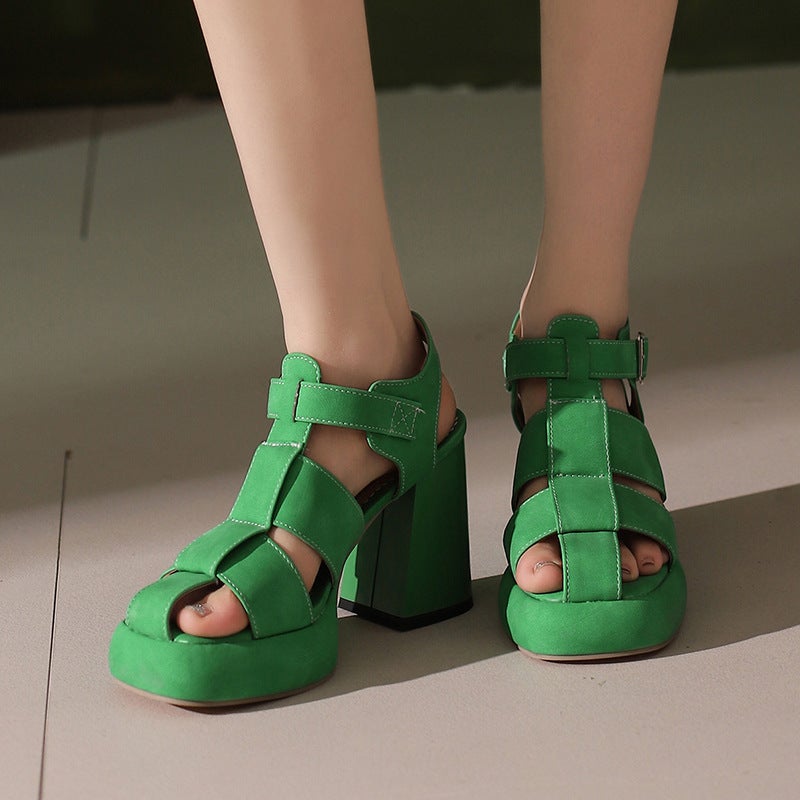 In 2024 Summer High-Heeled Thick-Soled Round Head 40-43 Plus Size Open-Toe Breathable Buckle Sandals For Women - Image 3
